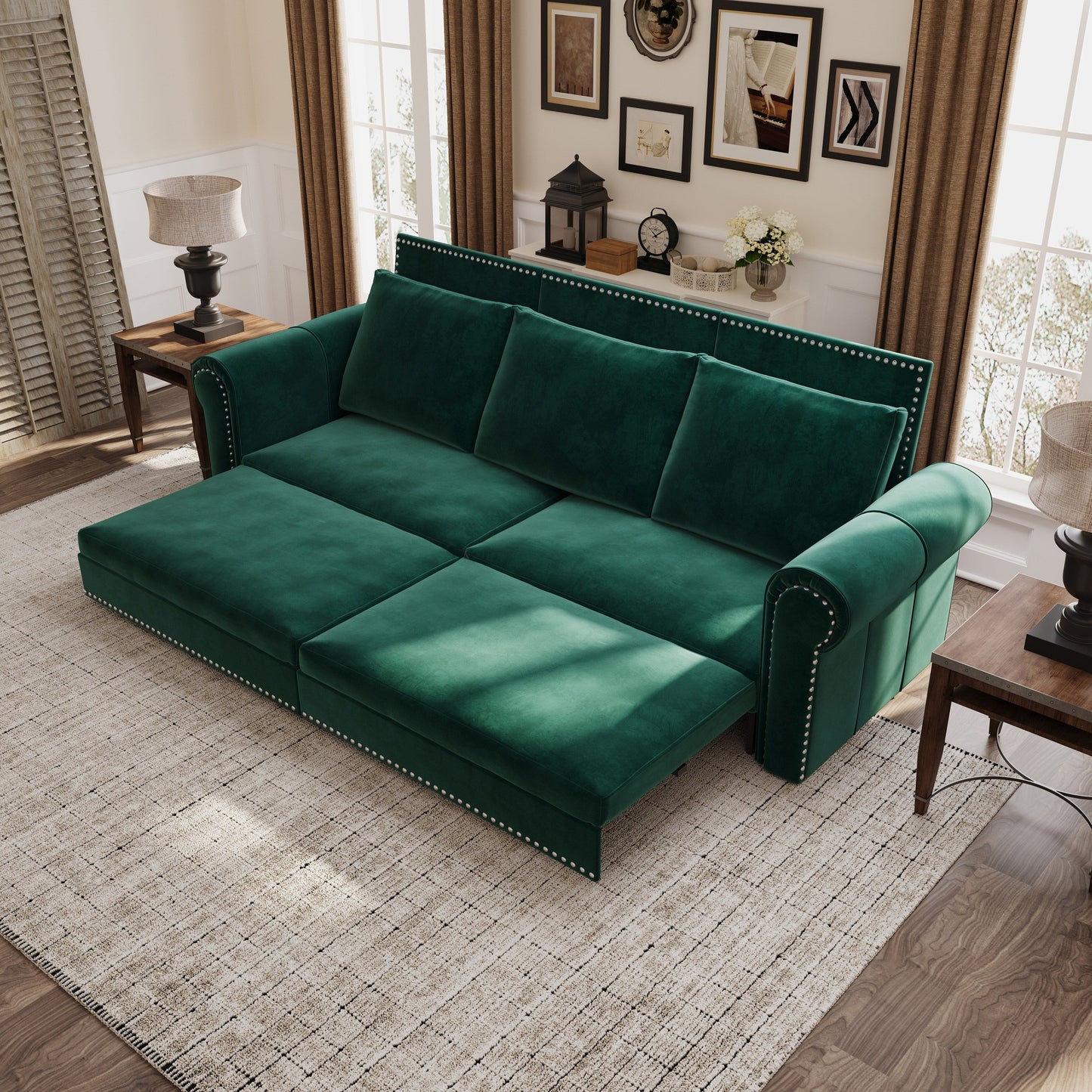 Divano letto king size convertibile 3 in 1 con finiture in borchie e bracciolo arrotolato