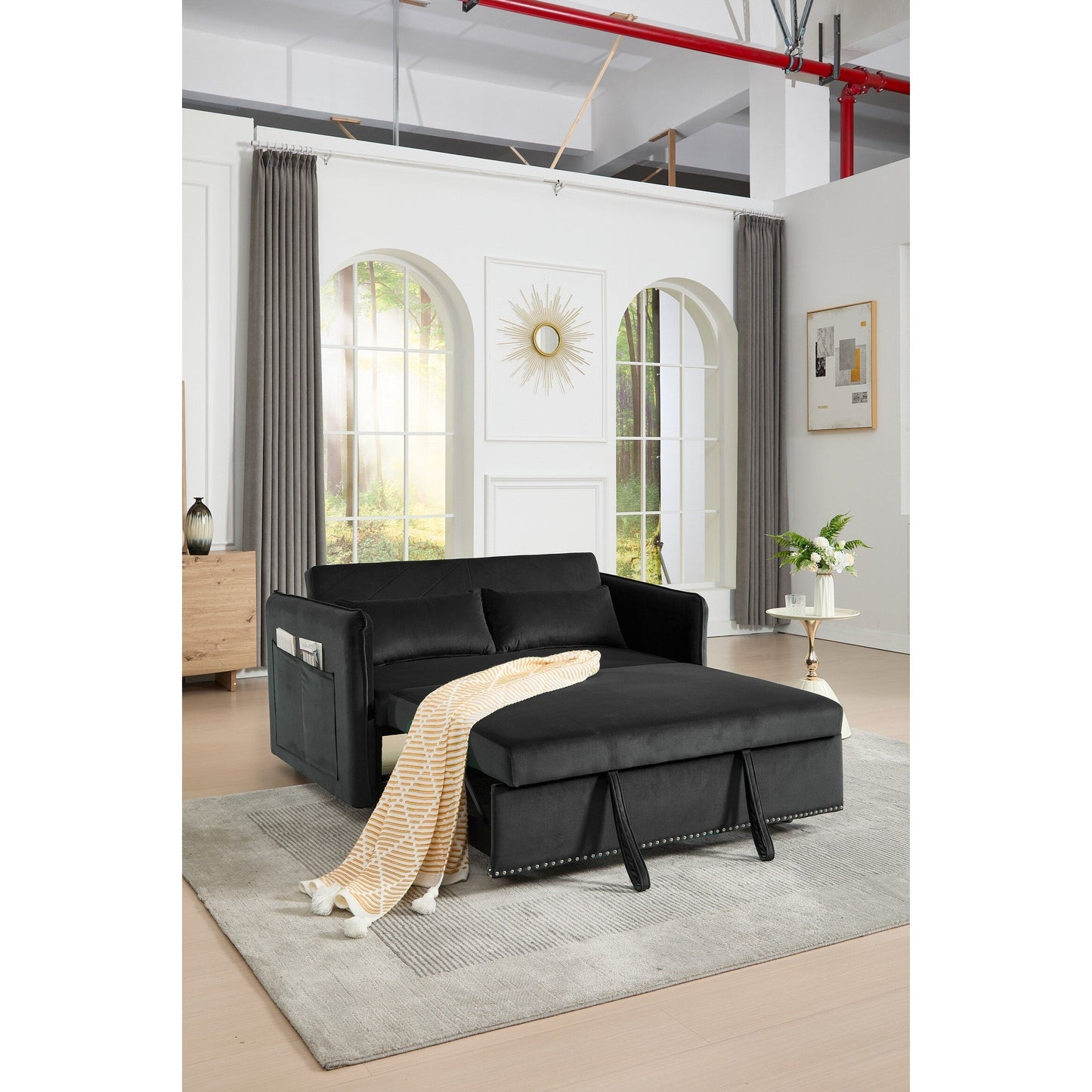 Divano letto futon trasformabile 3 in 1, 55 divani a due posti con 2 cuscini, porte USB e tasche laterali
