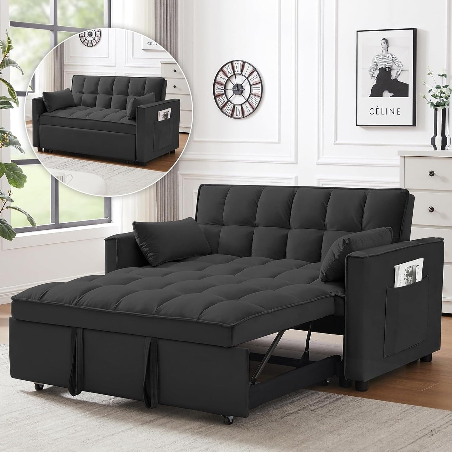 Divano letto trasformabile 3 in 1 - Divano futon in velluto con schienale regolabile e tasca laterale per piccoli spazi