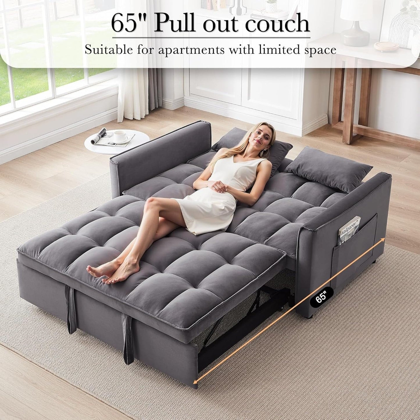 Divano letto trasformabile 3 in 1 - Divano futon in velluto con schienale regolabile, tasca laterale e funzione estraibile, grigio scuro