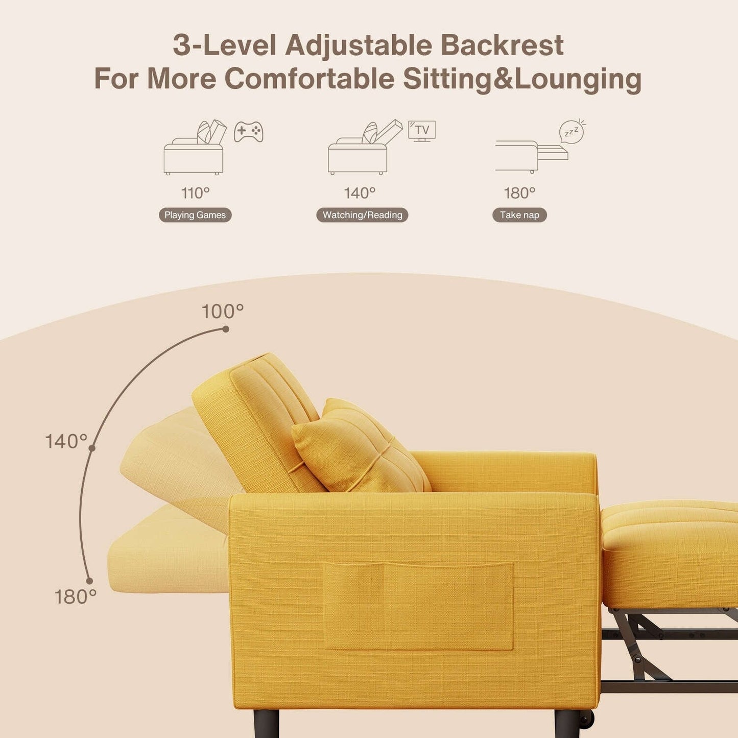 Divano letto estraibile 3 in 1, divano letto imbottito moderno convertibile e regolabile