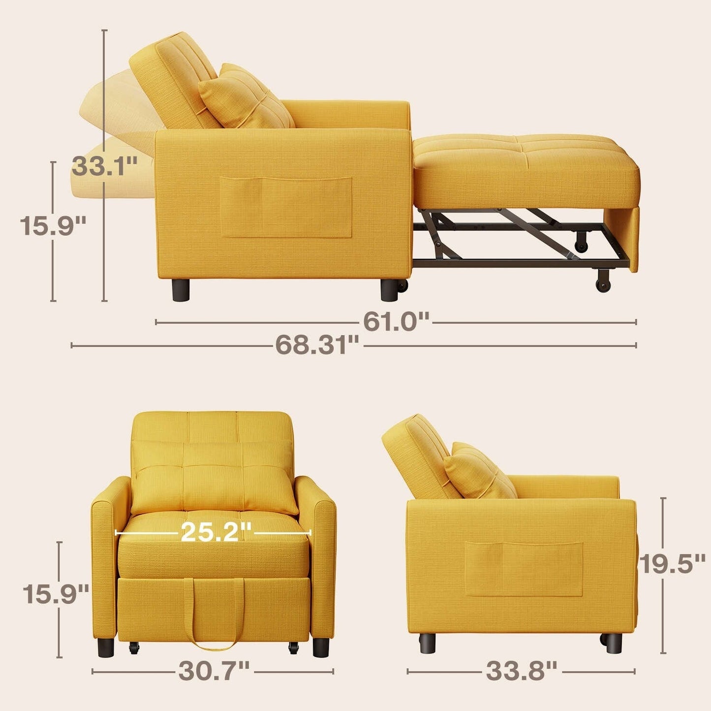 Divano letto estraibile 3 in 1, divano letto imbottito moderno convertibile e regolabile