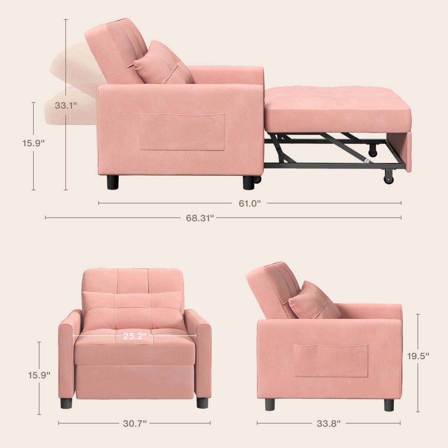 Divano letto estraibile 3 in 1, divano letto imbottito moderno convertibile e regolabile