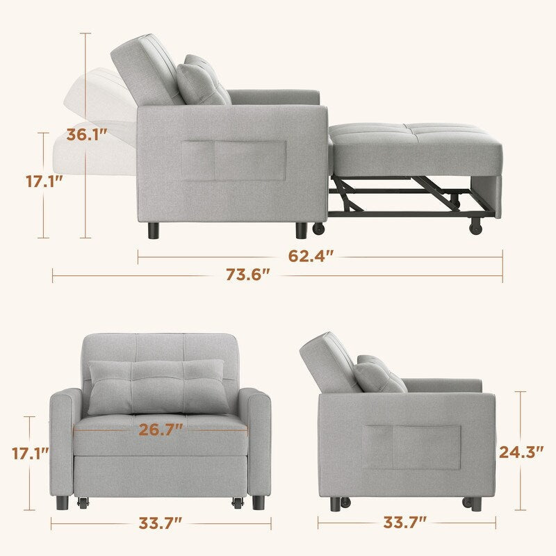 Divano letto estraibile 3 in 1, divano letto imbottito moderno convertibile e regolabile