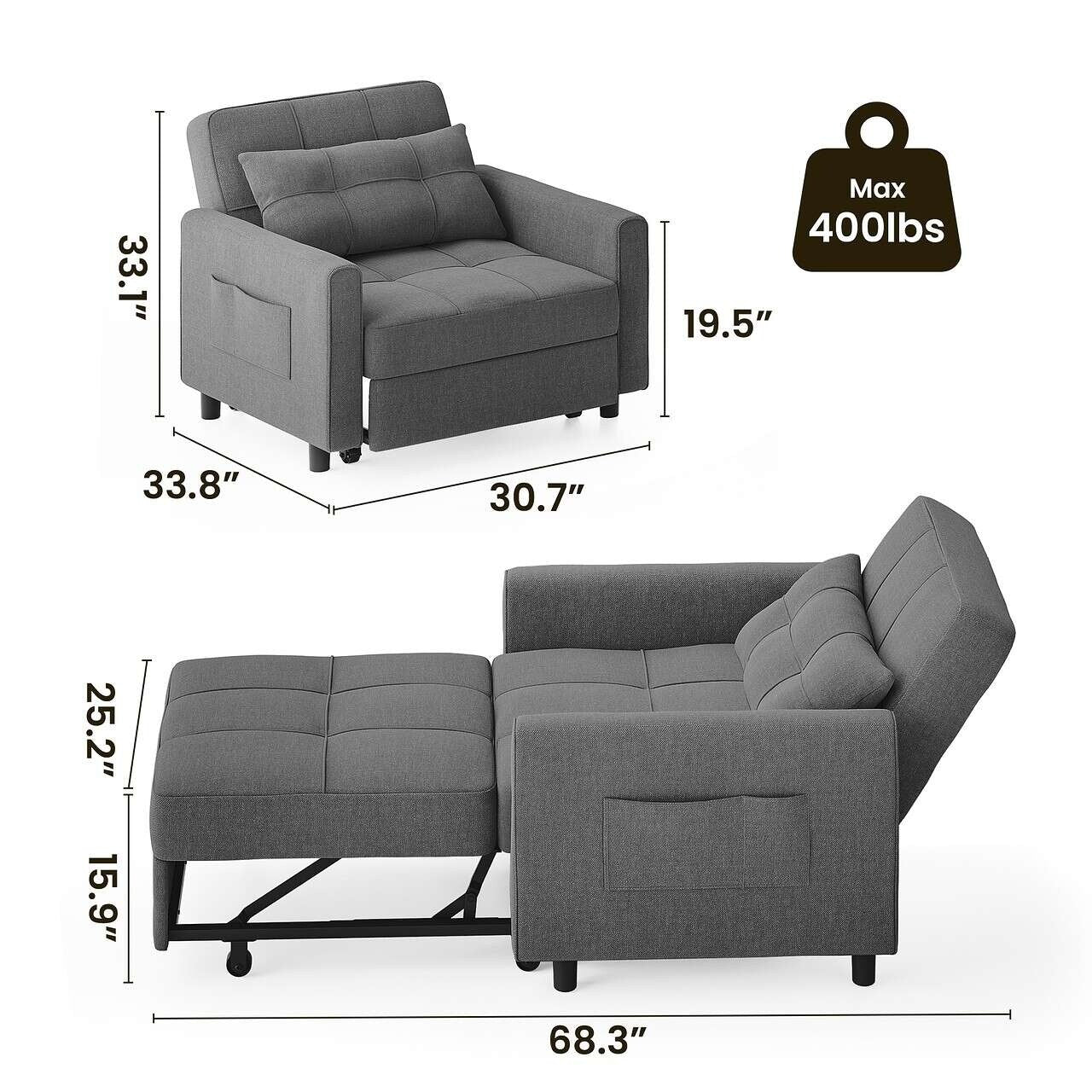 Divano letto estraibile 3 in 1, divano letto imbottito moderno convertibile e regolabile