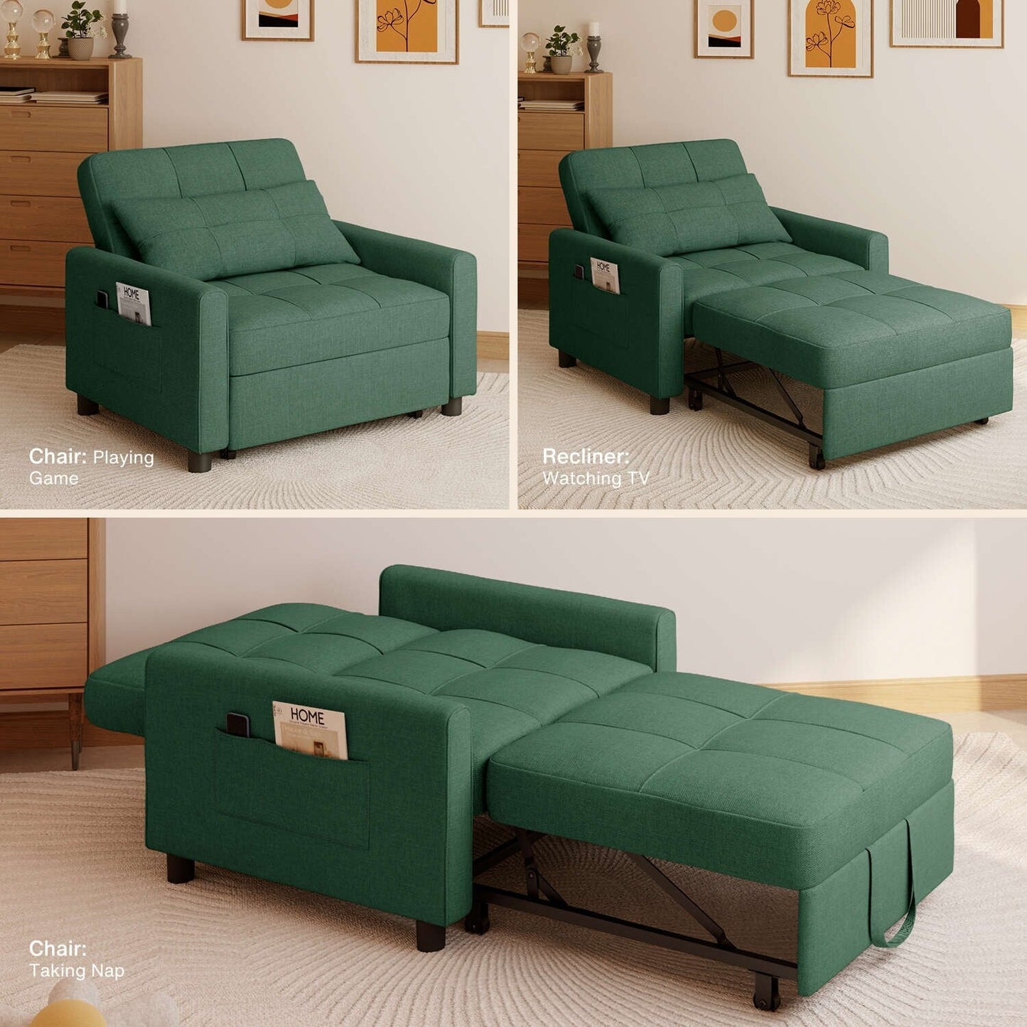 Divano letto estraibile 3 in 1, divano letto imbottito moderno convertibile e regolabile