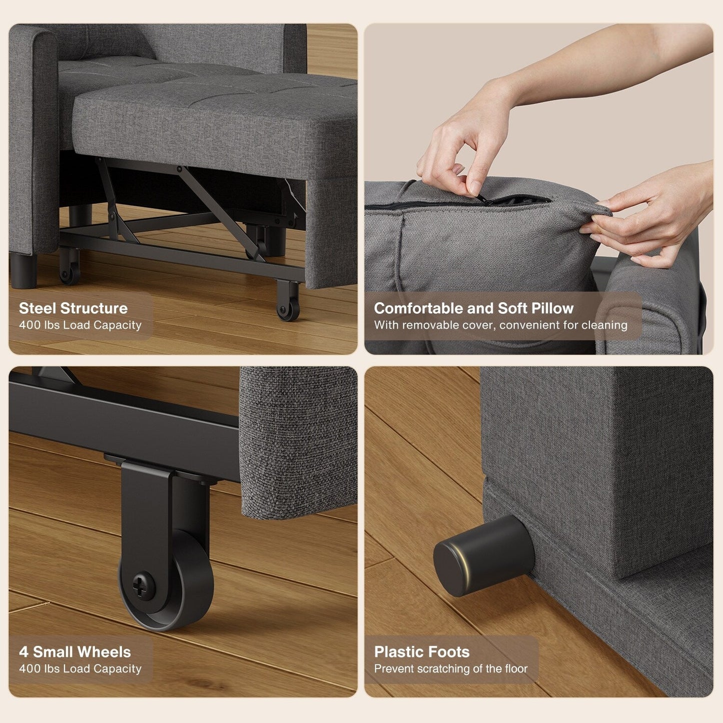 Divano letto estraibile 3 in 1, divano letto imbottito moderno convertibile e regolabile
