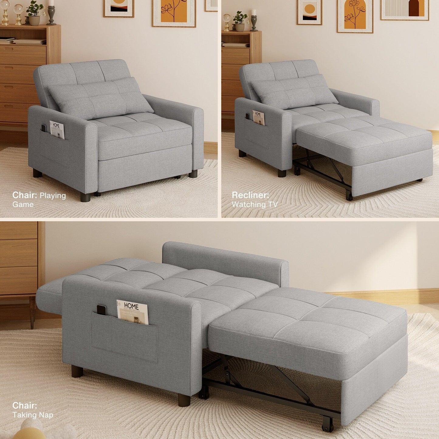 Divano letto estraibile 3 in 1, divano letto imbottito moderno convertibile e regolabile