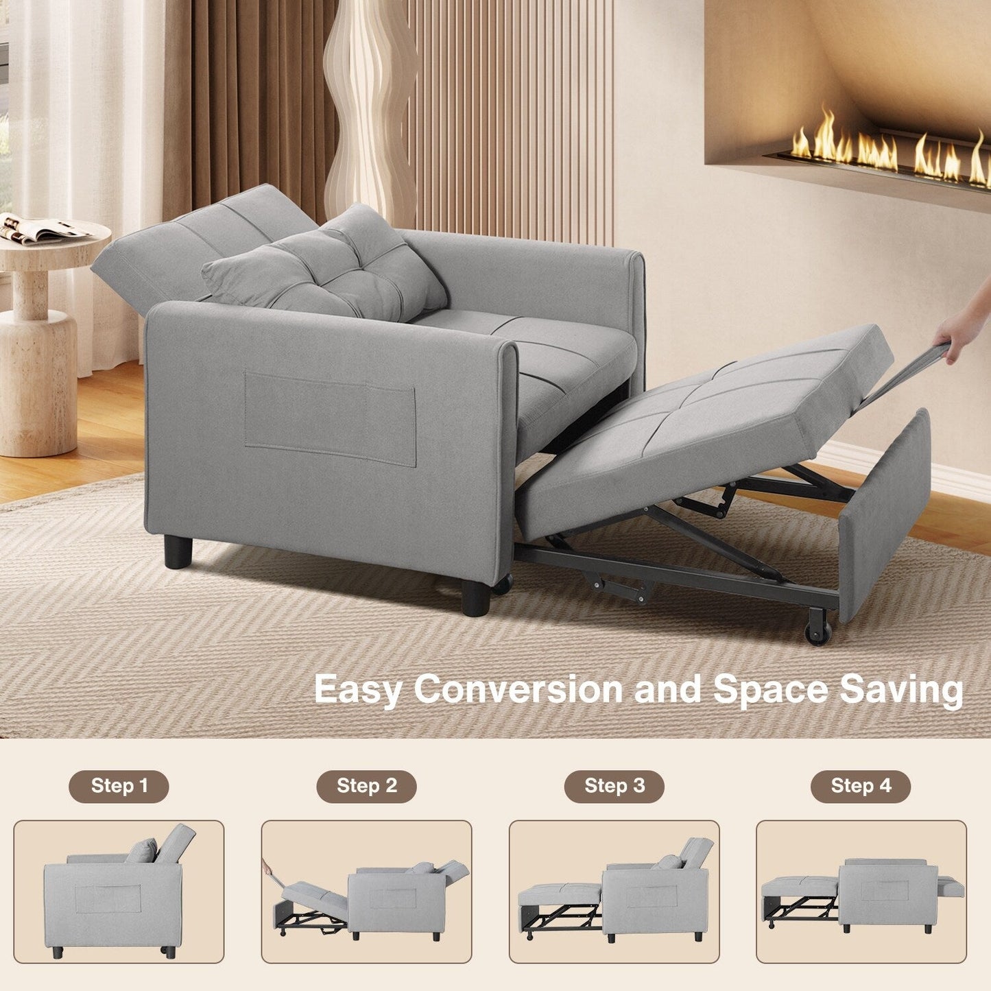 Divano letto estraibile 3 in 1, divano letto imbottito moderno convertibile e regolabile