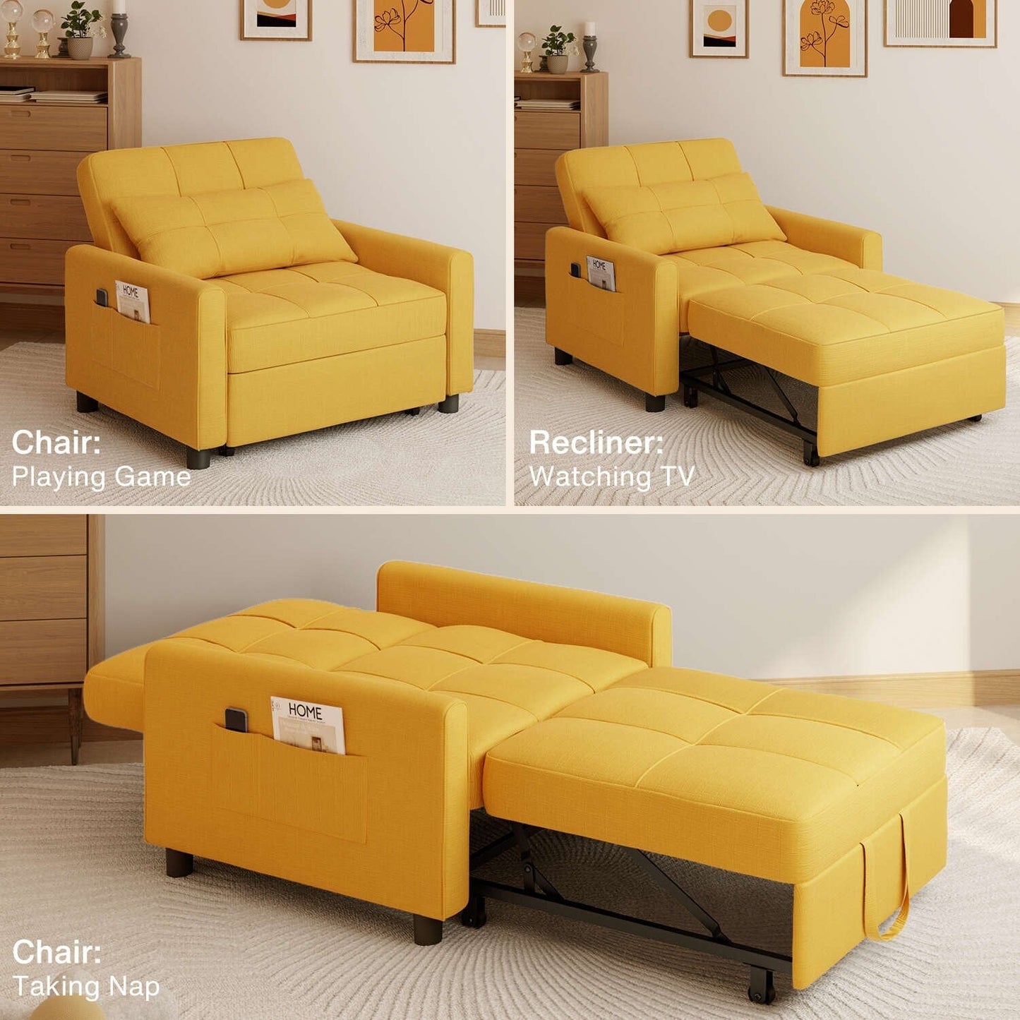 Divano letto estraibile 3 in 1, divano letto imbottito moderno convertibile e regolabile