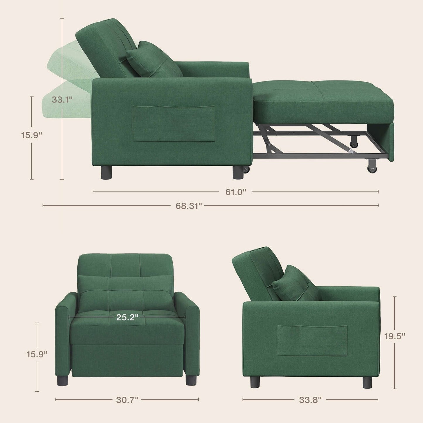 Divano letto estraibile 3 in 1, divano letto imbottito moderno convertibile e regolabile