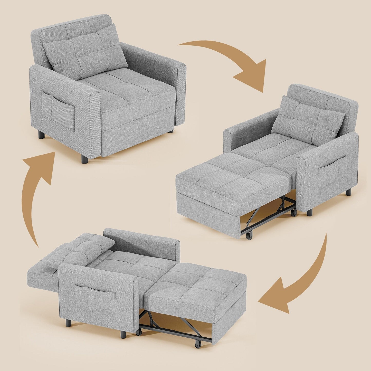 Divano letto estraibile 3 in 1, poltrona letto imbottita, pieghevole, regolabile e convertibile