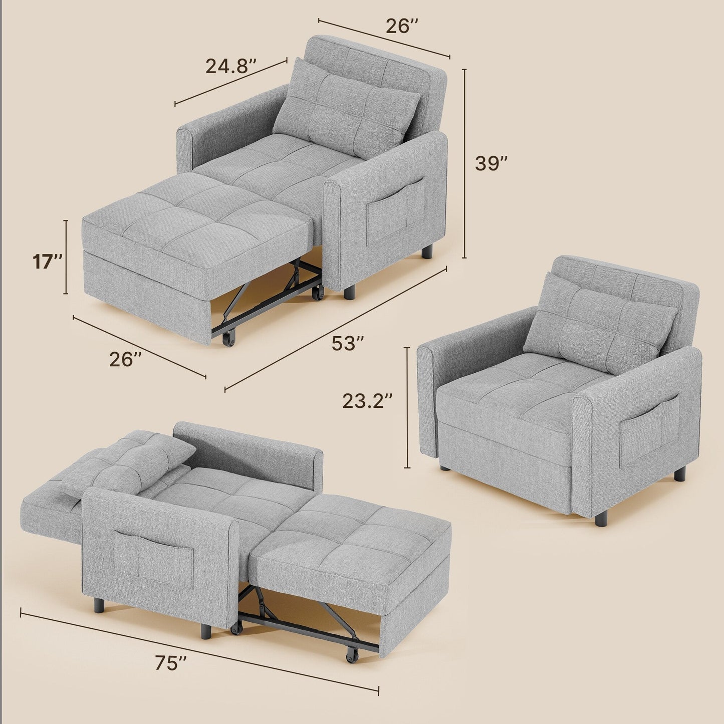 Divano letto estraibile 3 in 1, poltrona letto imbottita, pieghevole, regolabile e convertibile