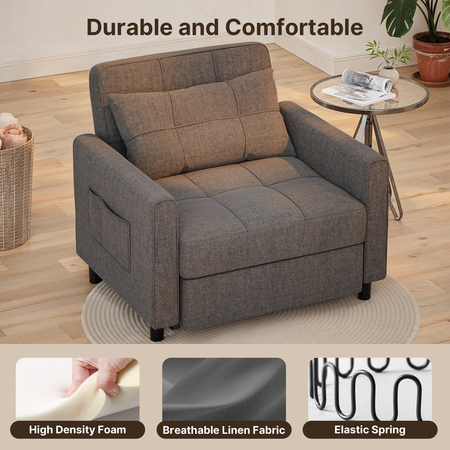 Divano letto estraibile 3 in 1, poltrona letto imbottita, pieghevole, regolabile e convertibile