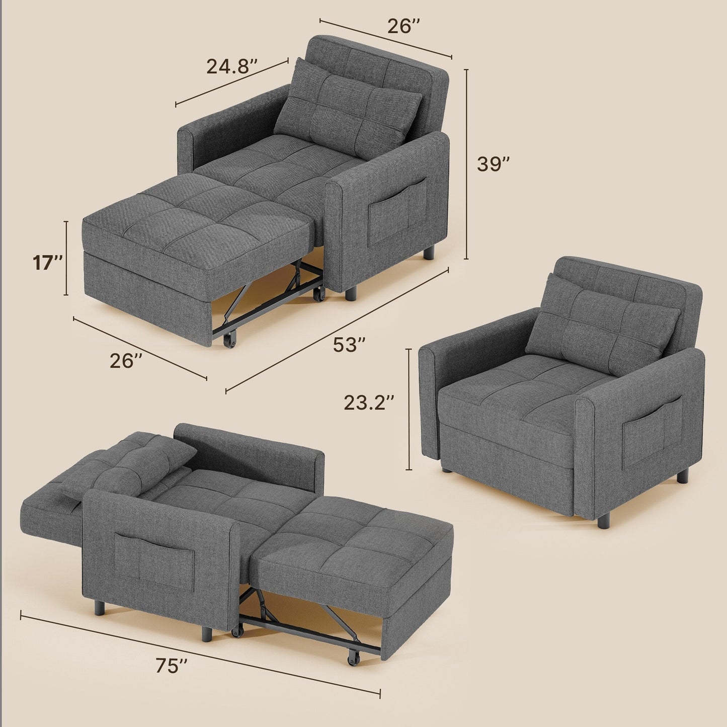 Divano letto estraibile 3 in 1, poltrona letto imbottita, pieghevole, regolabile e convertibile