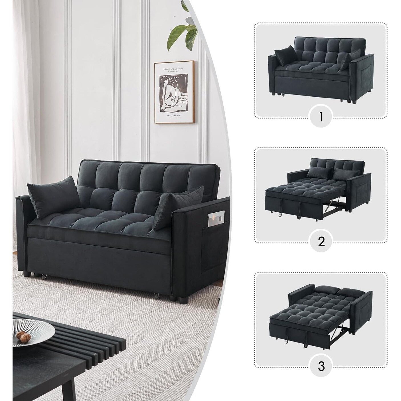 Divano letto 3 in 1 in velluto - Divano estraibile con schienale regolabile, braccioli e tasche portaoggetti per il soggiorno