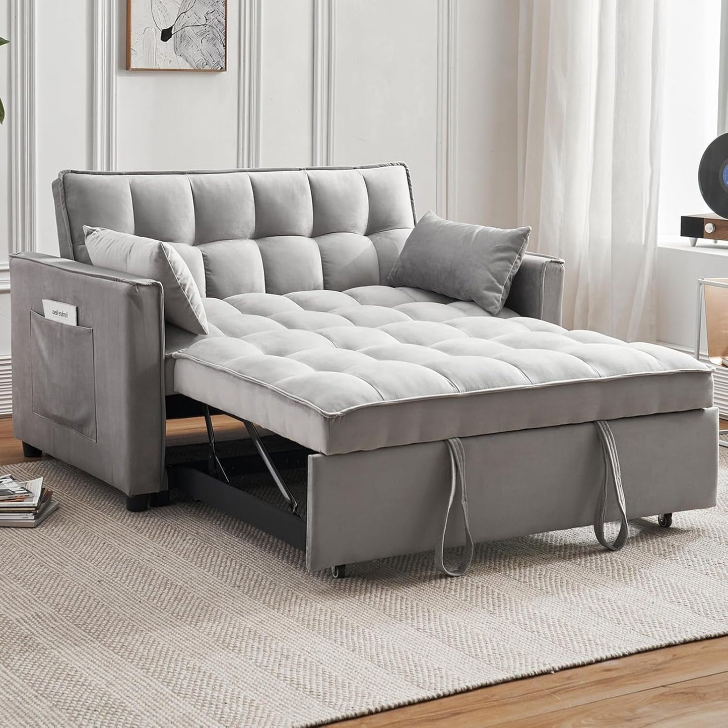 Divano letto 3 in 1 in velluto - Divano estraibile con schienale regolabile, braccioli e tasche portaoggetti per il soggiorno