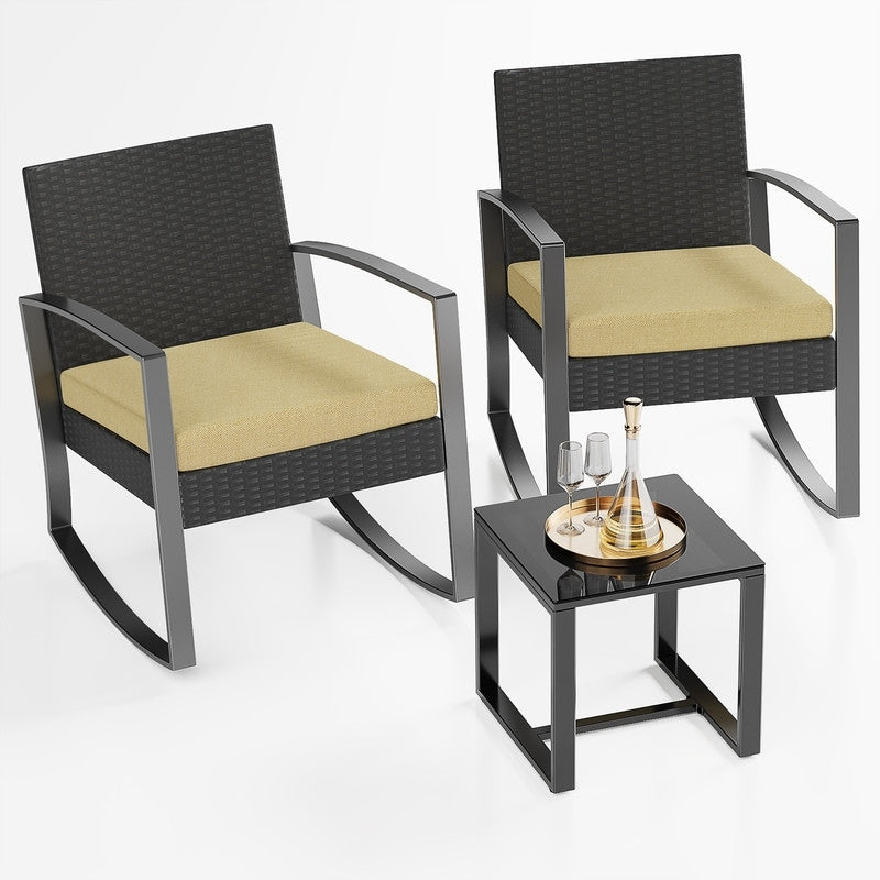Set da patio in vimini da 3 pezzi con cuscino, set di sedie da esterno con tavolo in vetro, sedia in rattan, set da bistrot moderno