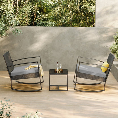 Set da patio in vimini da 3 pezzi con cuscino, set di sedie da esterno con tavolo in vetro, sedia in rattan, set da bistrot moderno