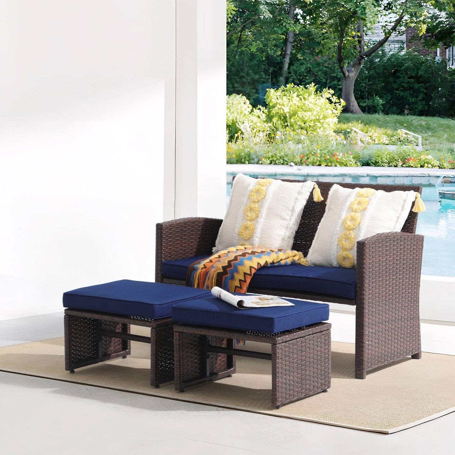 Set di divani da esterno in rattan da 3 pezzi con cuscini