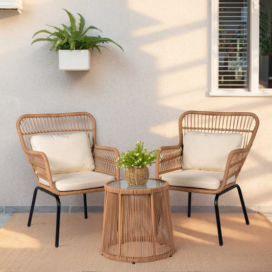 Set da bistrot da conversazione in vimini da esterno, 3 pezzi, set di sedie da giardino in rattan per tutte le stagioni con cuscini