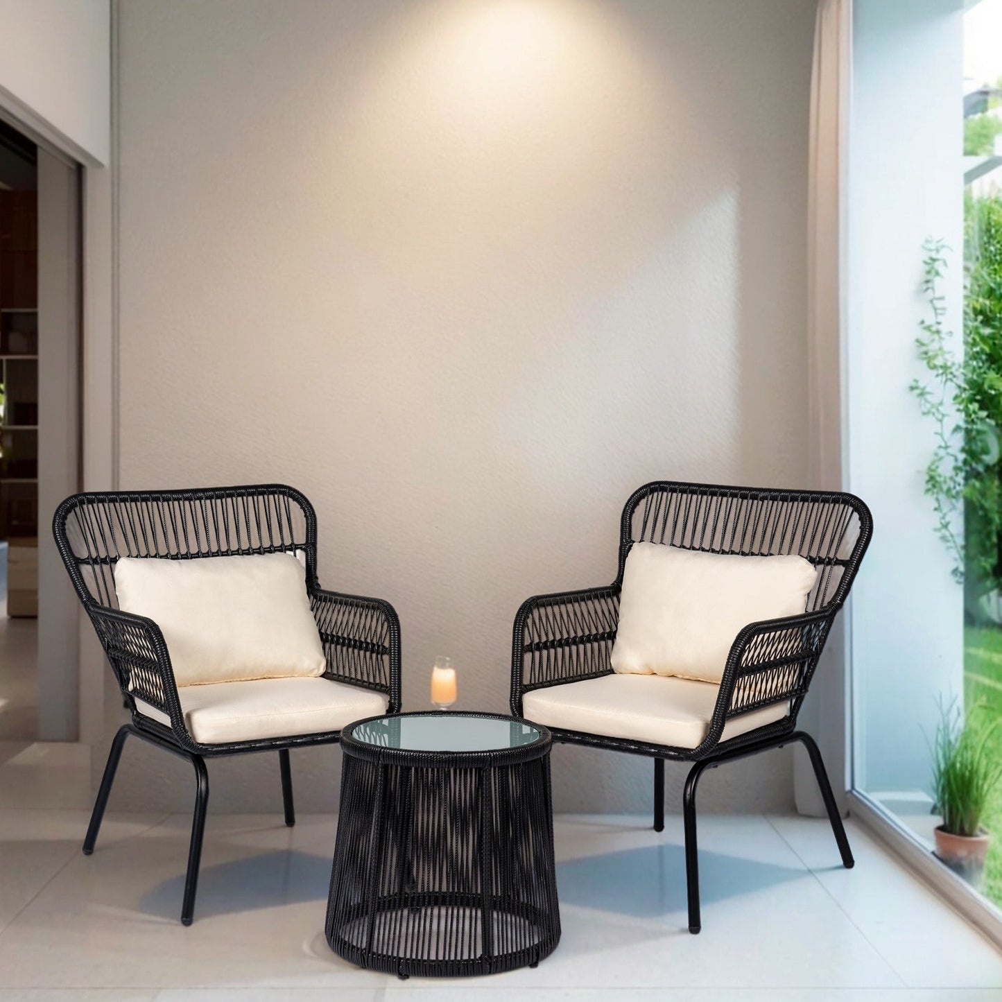 Set da bistrot da conversazione in vimini da esterno, 3 pezzi, set di sedie da giardino in rattan per tutte le stagioni con cuscini