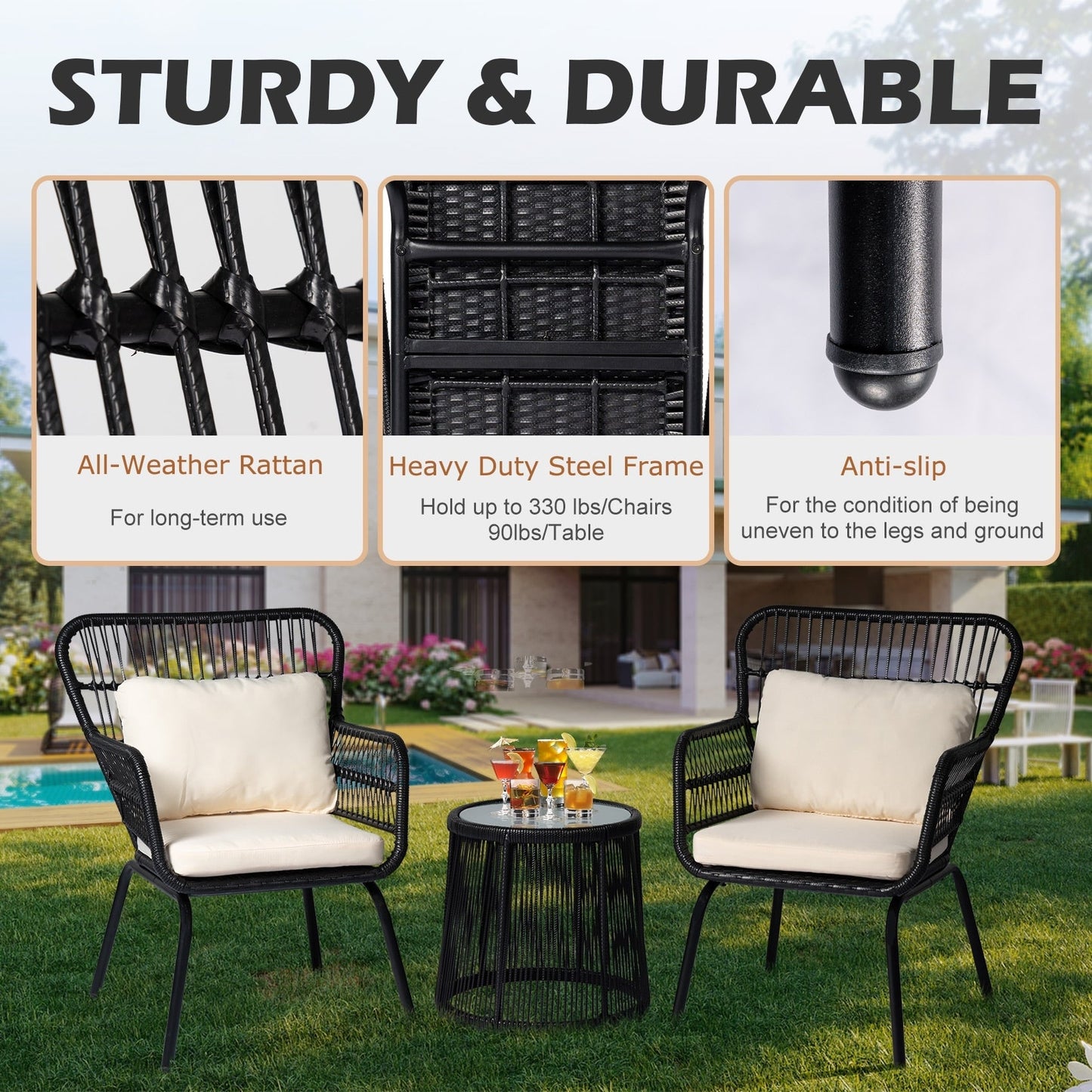 Set da bistrot da conversazione in vimini da esterno, 3 pezzi, set di sedie da giardino in rattan per tutte le stagioni con cuscini