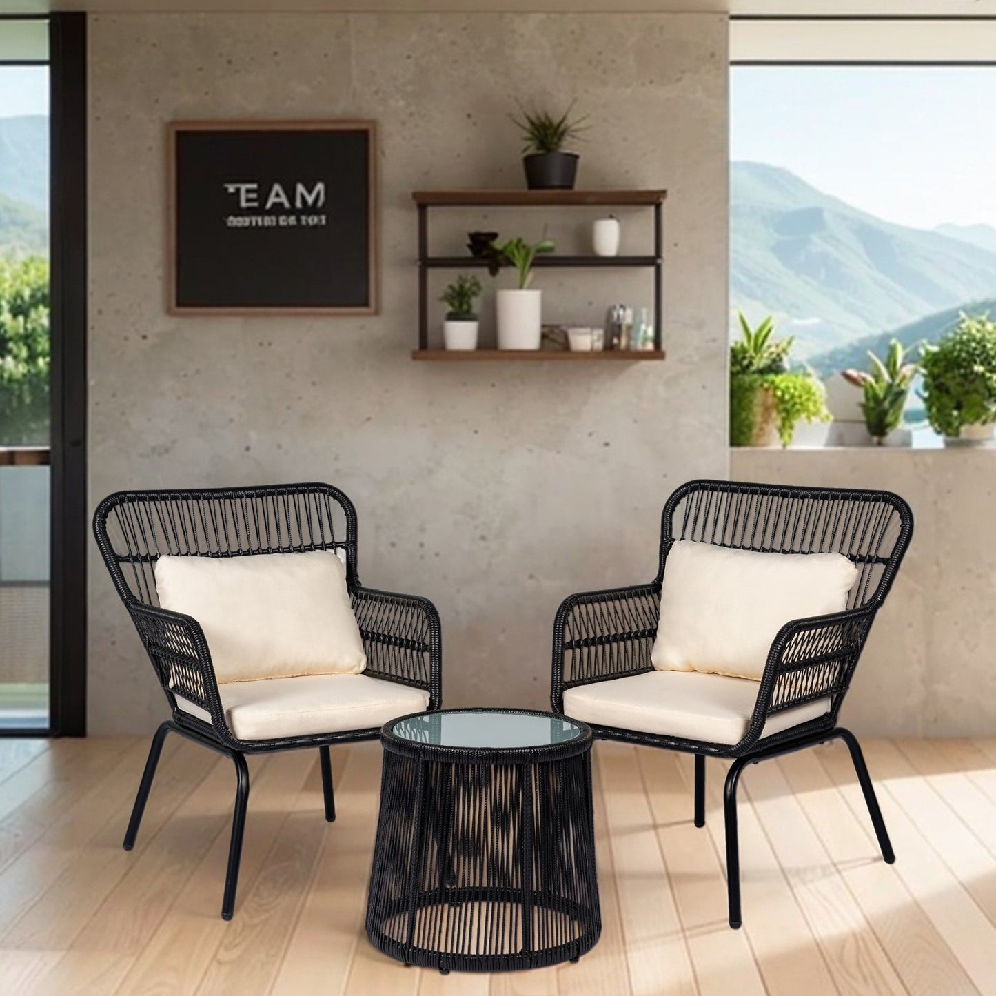 Set da bistrot da conversazione in vimini da esterno, 3 pezzi, set di sedie da giardino in rattan per tutte le stagioni con cuscini
