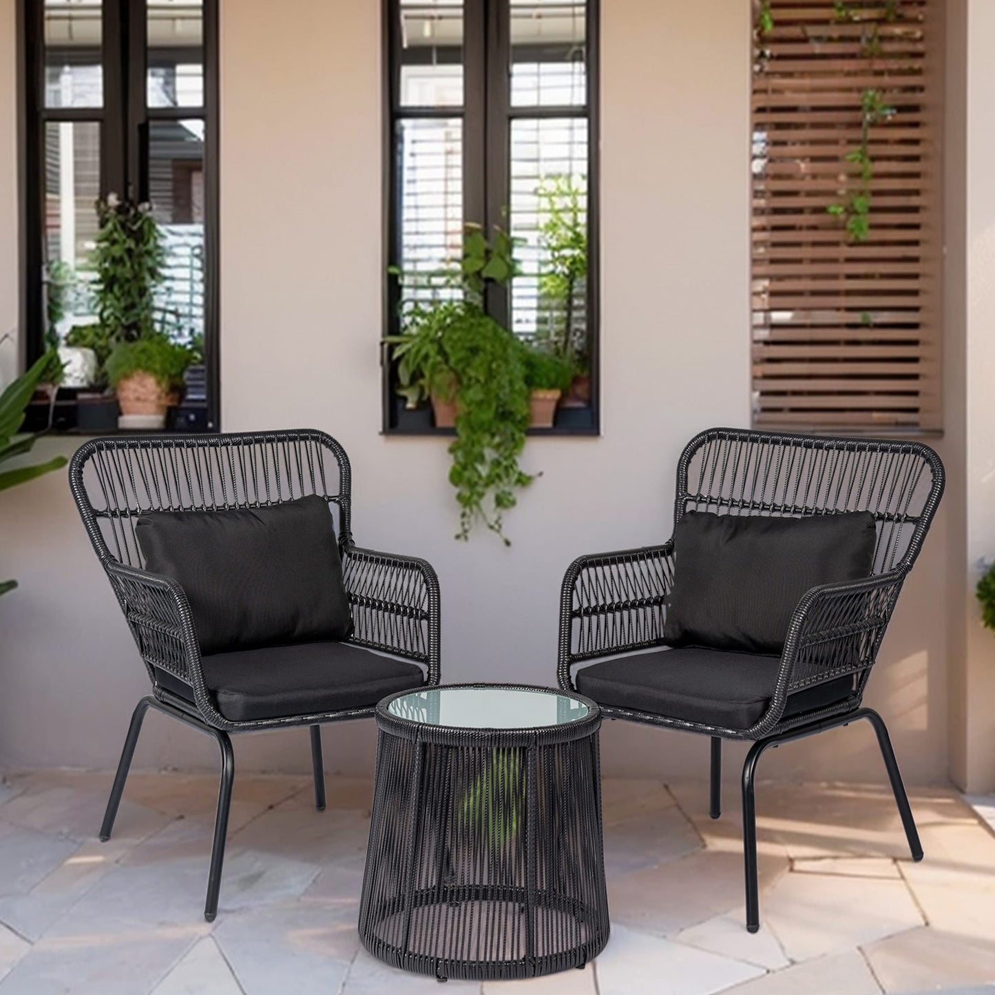 Set da bistrot da conversazione in vimini da esterno, 3 pezzi, set di sedie da giardino in rattan per tutte le stagioni con cuscini