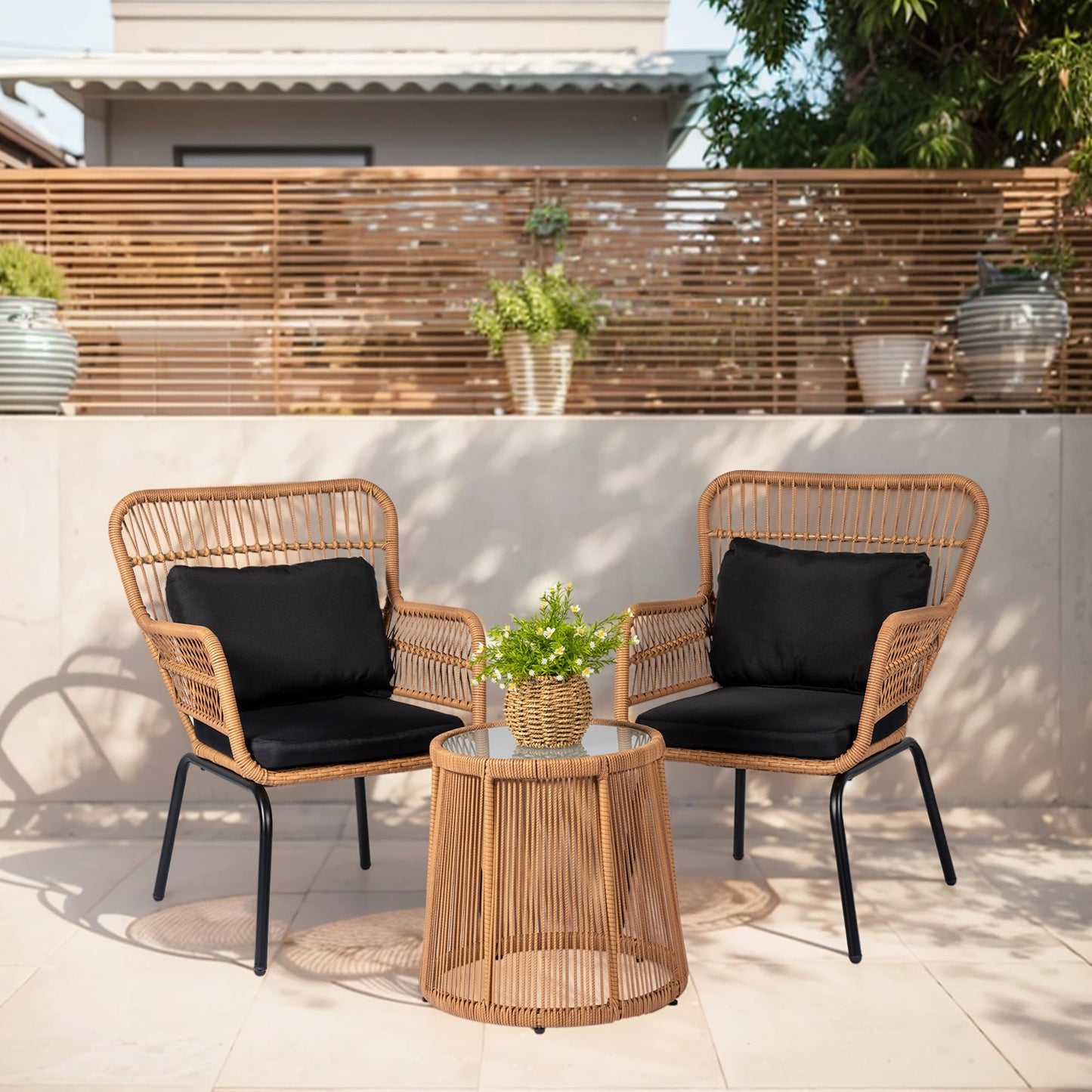 Set da bistrot da conversazione in vimini da esterno, 3 pezzi, set di sedie da giardino in rattan per tutte le stagioni con cuscini