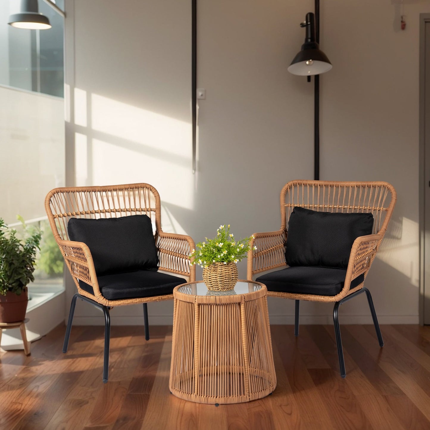 Set da bistrot da conversazione in vimini da esterno, 3 pezzi, set di sedie da giardino in rattan per tutte le stagioni con cuscini
