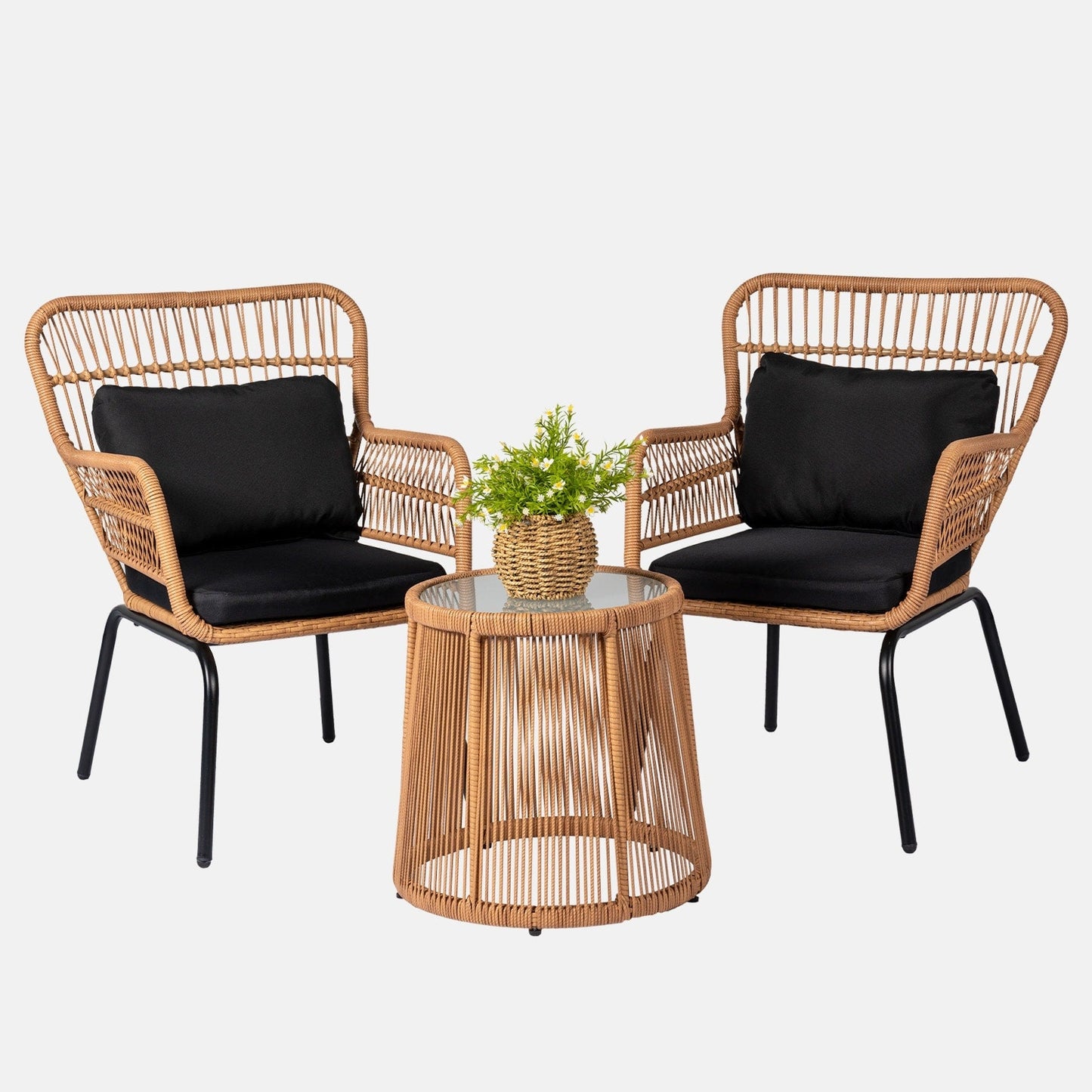 Set da bistrot da conversazione in vimini da esterno, 3 pezzi, set di sedie da giardino in rattan per tutte le stagioni con cuscini