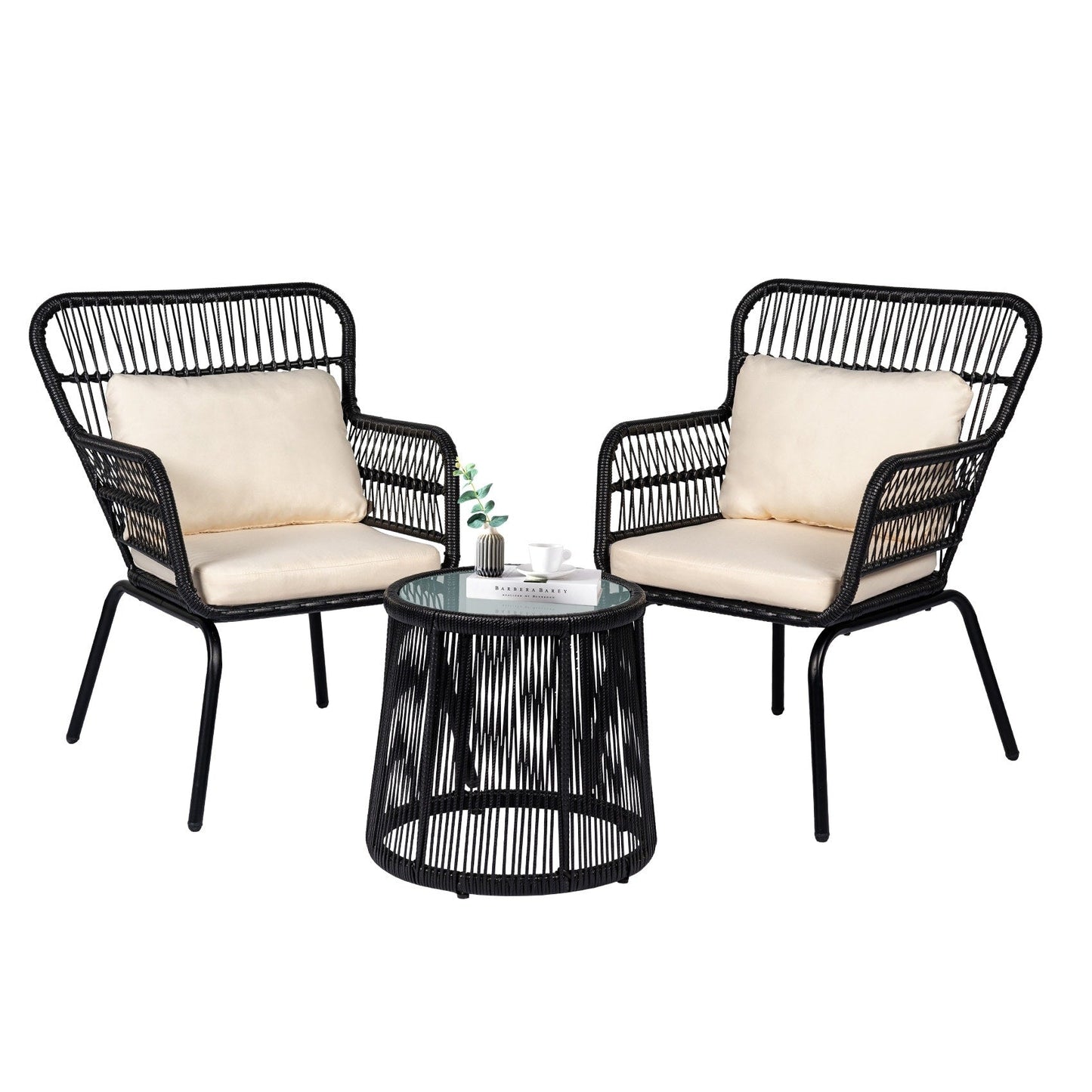 Set da bistrot da conversazione in vimini da esterno, 3 pezzi, set di sedie da giardino in rattan per tutte le stagioni con cuscini