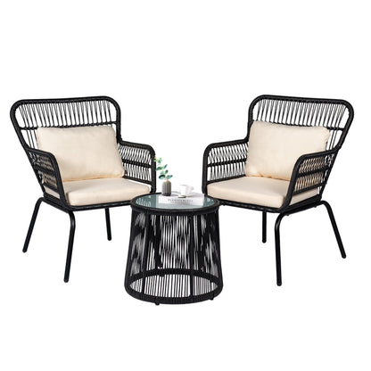 Set da bistrot da conversazione in vimini da esterno, 3 pezzi, set di sedie da giardino in rattan per tutte le stagioni con cuscini