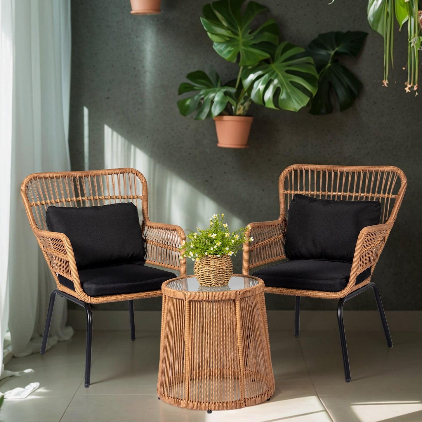 Set da bistrot da conversazione in vimini da esterno, 3 pezzi, set di sedie da giardino in rattan per tutte le stagioni con cuscini