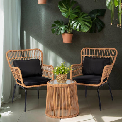 Set da bistrot da conversazione in vimini da esterno, 3 pezzi, set di sedie da giardino in rattan per tutte le stagioni con cuscini