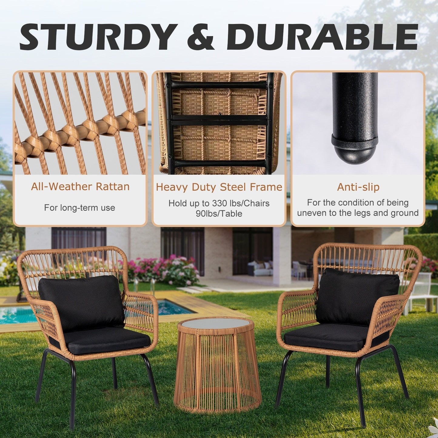 Set da bistrot da conversazione in vimini da esterno, 3 pezzi, set di sedie da giardino in rattan per tutte le stagioni con cuscini