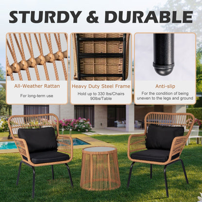 Set da bistrot da conversazione in vimini da esterno, 3 pezzi, set di sedie da giardino in rattan per tutte le stagioni con cuscini