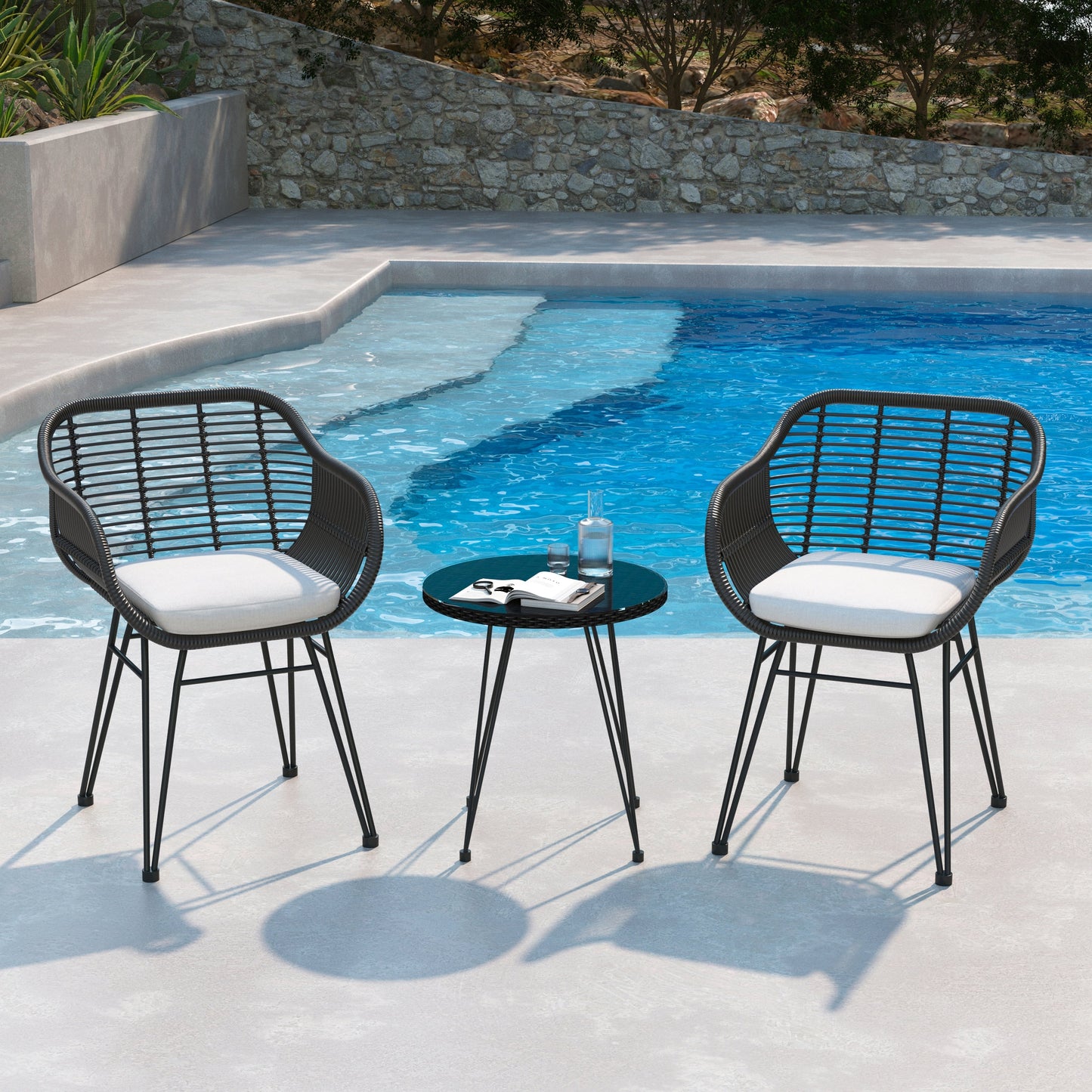 Set da bistrot da esterno in vimini e rattan, 3 pezzi, con tavolo e cuscini