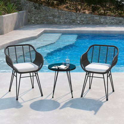 Set da bistrot da esterno in vimini e rattan, 3 pezzi, con tavolo e cuscini