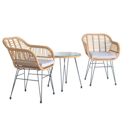 Set da bistrot da esterno in vimini e rattan, 3 pezzi, con tavolo e cuscini