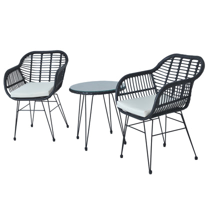 Set da bistrot da esterno in vimini e rattan, 3 pezzi, con tavolo e cuscini