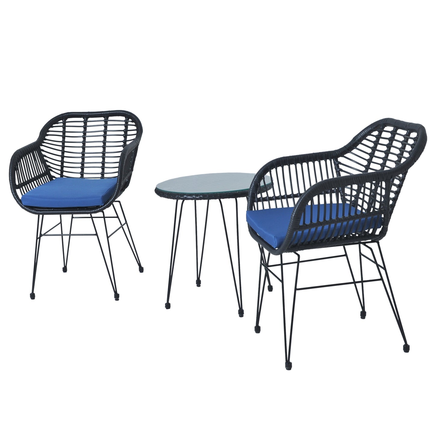 Set da bistrot da esterno in vimini e rattan, 3 pezzi, con tavolo e cuscini