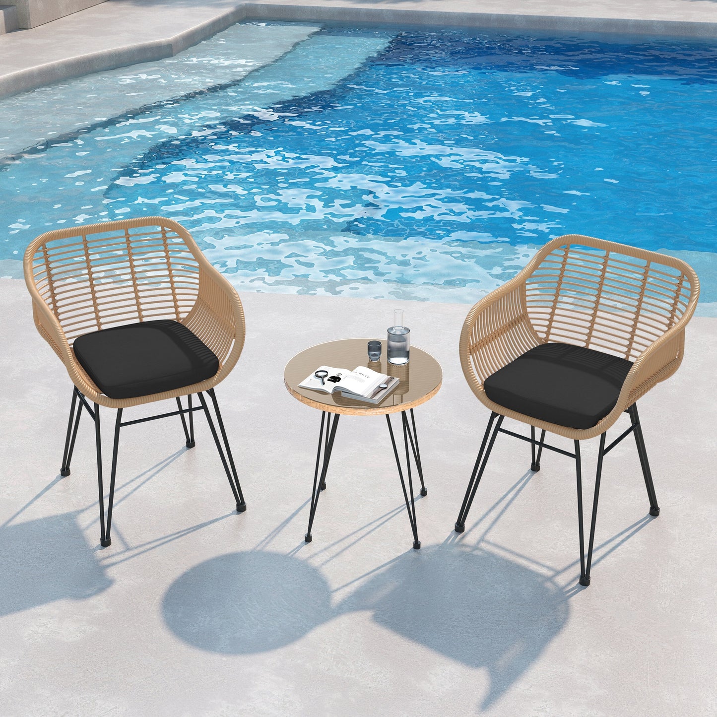 Set da bistrot da esterno in vimini e rattan, 3 pezzi, con tavolo e cuscini