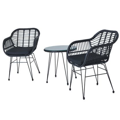 Set da bistrot da esterno in vimini e rattan, 3 pezzi, con tavolo e cuscini