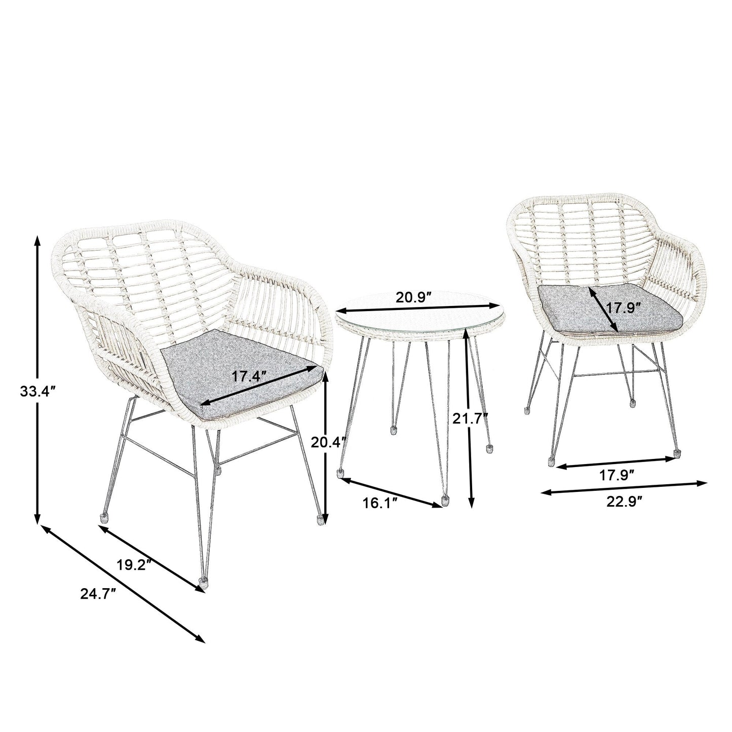 Set da bistrot da esterno in vimini e rattan, 3 pezzi, con tavolo e cuscini
