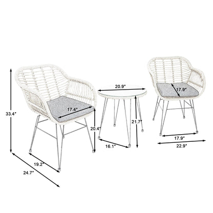 Set da bistrot da esterno in vimini e rattan, 3 pezzi, con tavolo e cuscini