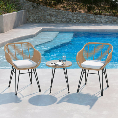 Set da bistrot da esterno in vimini e rattan, 3 pezzi, con tavolo e cuscini