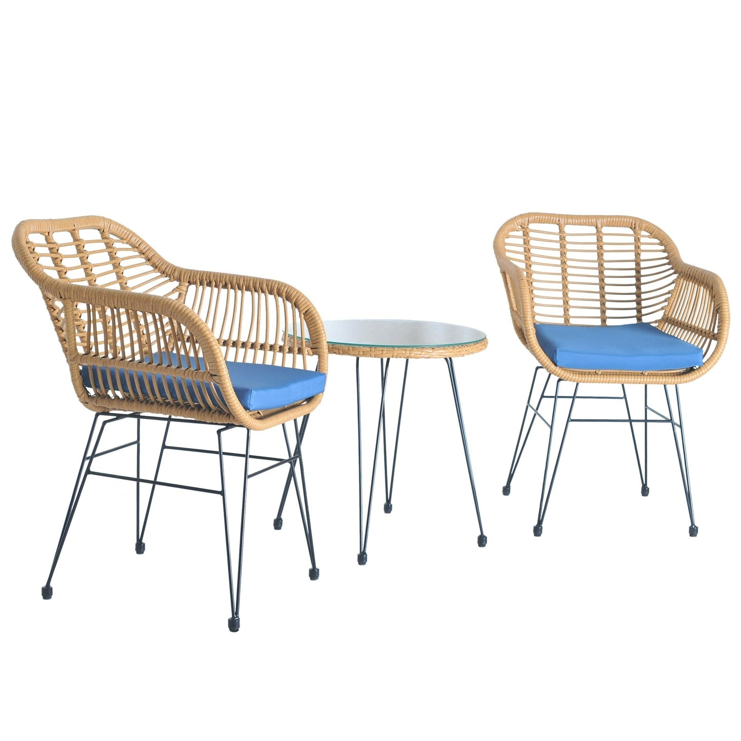 Set da bistrot da esterno in vimini e rattan, 3 pezzi, con tavolo e cuscini