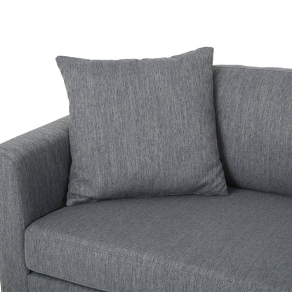 Divano a 3 posti con gambe in legno e due cuscini